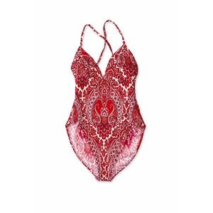 Red Paisley One Piece Swimsuit V-Neck Cross Back Strappy Boho Bathing Suit